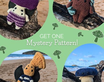 May include: Four crocheted amigurumi mushroom plushies in different colours and designs. The plushies are sitting on driftwood logs with a beach and ocean background. The text "GET ONE Mystery Pattern!" is displayed in the centre of the image. The text "@cosmos.crochet.qc" is displayed at the bottom of the image.