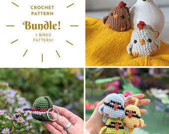 May include: A crochet pattern bundle featuring three bird designs. The image shows several finished crochet birds in various colors, including brown, white, blue, and yellow. The text "CROCHET PATTERN BUNDLE! 3 BIRDS PATTERN!" is also visible.