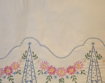 Vintage Embroidered Floral Scalloped Double Pillow Sham, Handmade