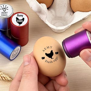 May include: A cylindrical purple handheld stamp is being used to imprint a black graphic of a chicken and the text AEMY Fresh eggs onto a brown egg. Several other colourful metal stamp cases in red, blue, and silver are visible nearby.
