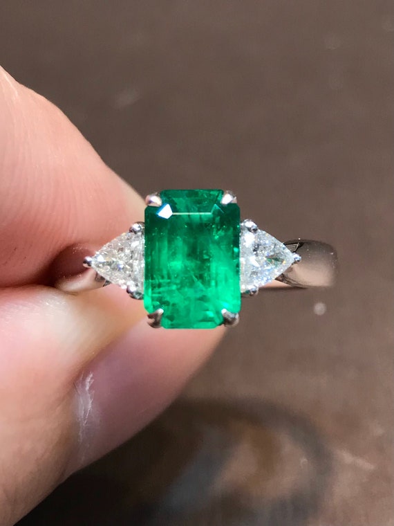 Emerald Ring Emerald Cut Three Stone Ring Engagement Ring | Etsy