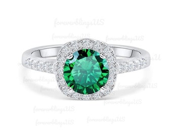 Emerald ring - halo engagement ring - may Birthstone ring - round cut green gemstone - promise ring for her
