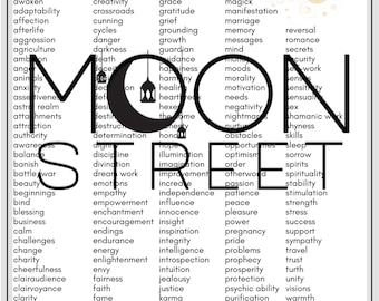 May include: A black and white graphic with the word "MOON STREET" in large, bold letters. The graphic is surrounded by a list of words related to intentions, such as abundance, acceptance, accomplishment, and action. The graphic also includes a crescent moon and a snake.