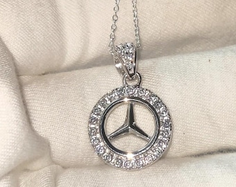 Diamond Pendant Mercedes Pendant Round Cut Lab-Created Diamond 14K White Gold Plated 925 Sterling Silver Mercedes Benz Pendant