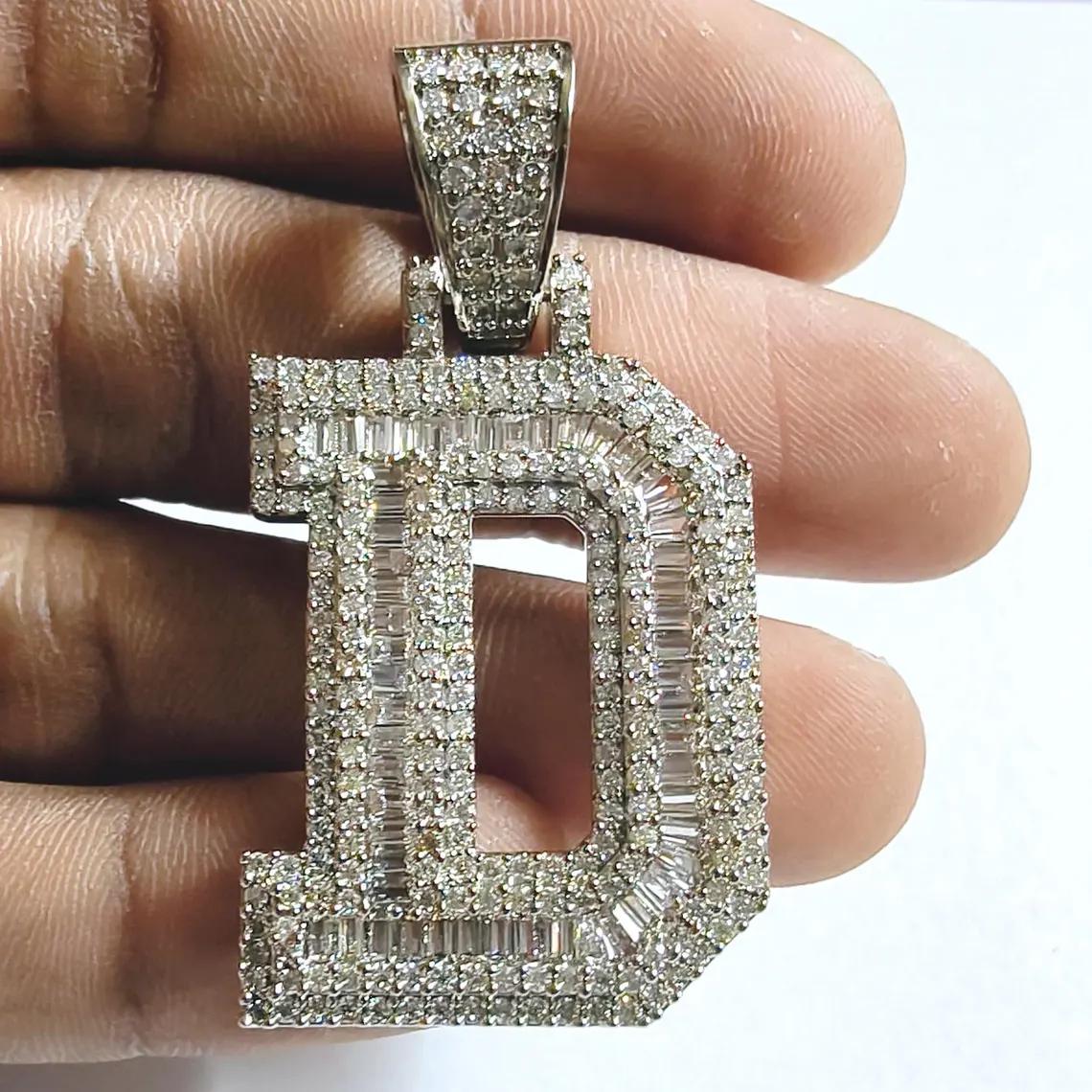 4Ct Baguette Cut Moissanite Diamond White Gold Plated Out Initial D Letter Pendant, Birthday Gift Pendant, Pendant For Boy, Gift For Him