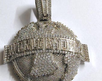 Diamond Custom Pendant Lab-Created Diamond &quot;WORLD IS YOURS&quot; Pendant 925 Sterling Silver Rapper Pendant, Christmas Gifts,Hip Hop Pendant