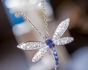Dragonfly Pendant 2Ct Moissanite Blue Sapphire & Diamond Dragonfly Pendant 14K White Gold Plated Sapphire Pendant Women&#39;s Dragonfly Pendant