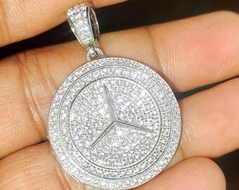 Real Moissanite Tester Pass Mercedes Pendant Round Cut 14K White Gold Plated 925 Sterling Silver Mercedes Pendant For Wedding Gift.