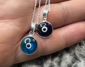 Sterling Silver Evil Eye Pendant Necklace, Greek Good Luck Charm (10mm)