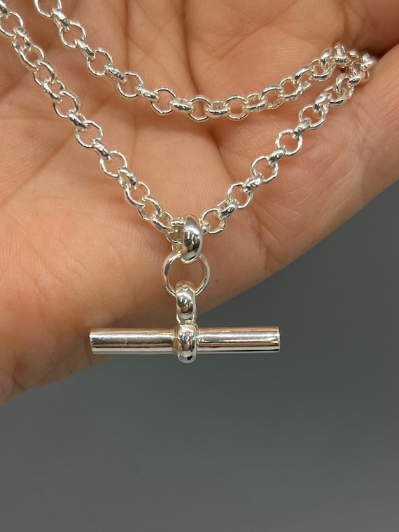 Silver Belcher Link Chain T bar Necklace 925 Sterling Silver