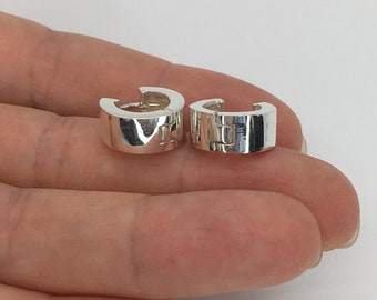 Sterling Silver Thick Hoop Huggie Earrings, Wide Hinged Design
