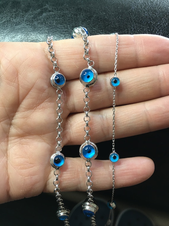 Sterling Silver Evil Eye Station Bracelet, Good Luck Charm
