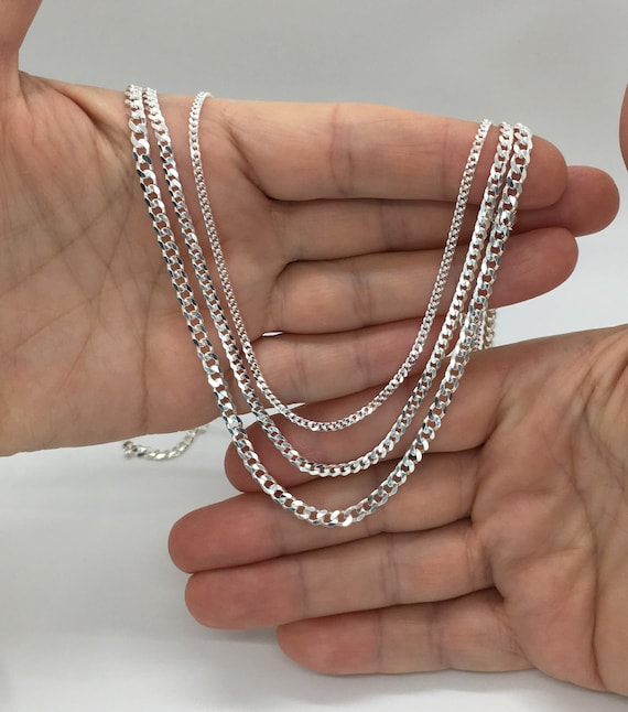 Tick Solid Silver Cuban Link Chain Necklace italian Diamond Cut