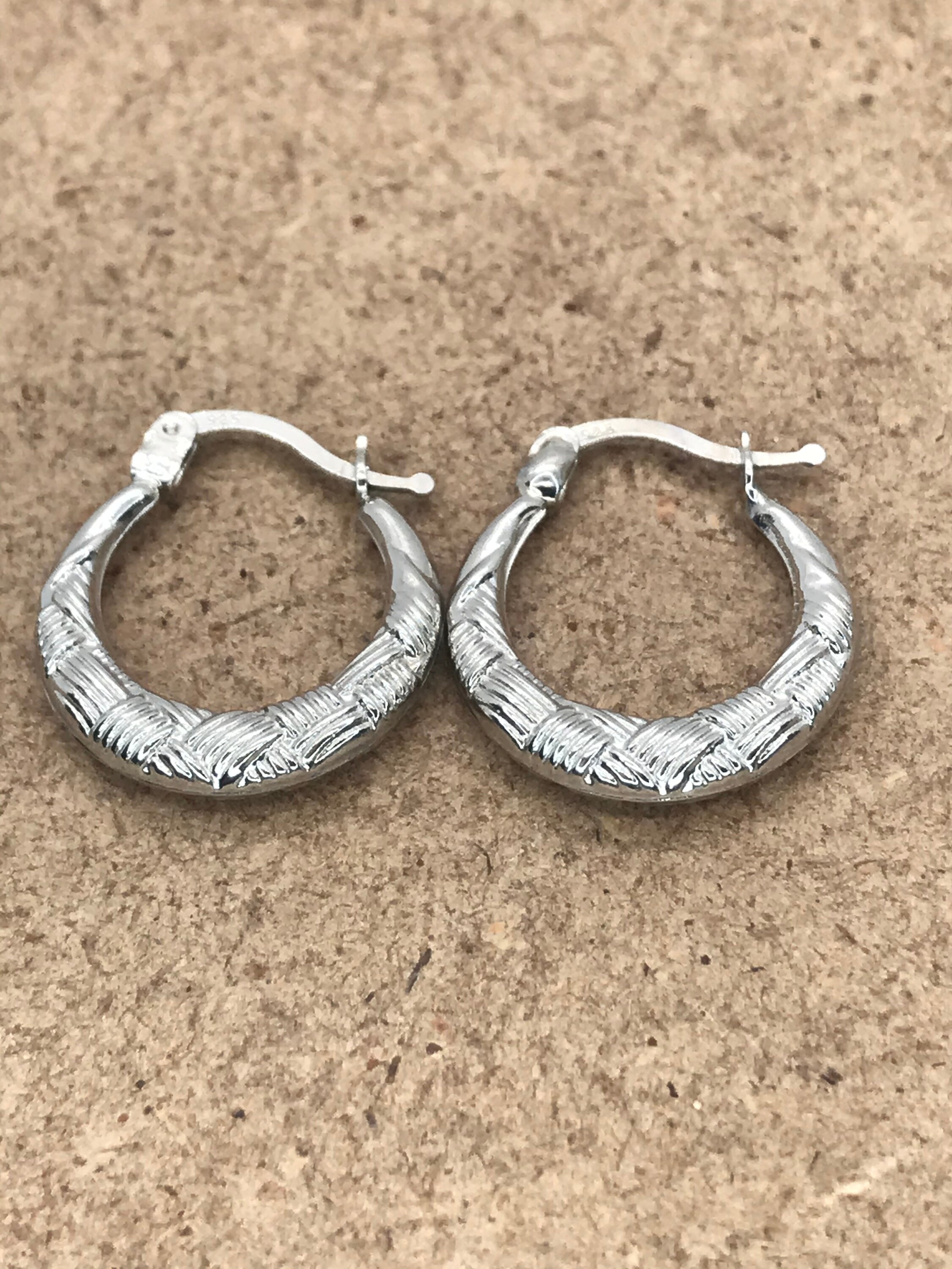 Wicker Textured Silver Hoop Earrings / Sterling Silver Creole Earring /  Latch Back / Christmas Gift - Etsy