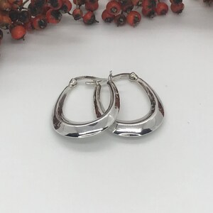 May include: A pair of silver hoop earrings with a slightly curved shape.