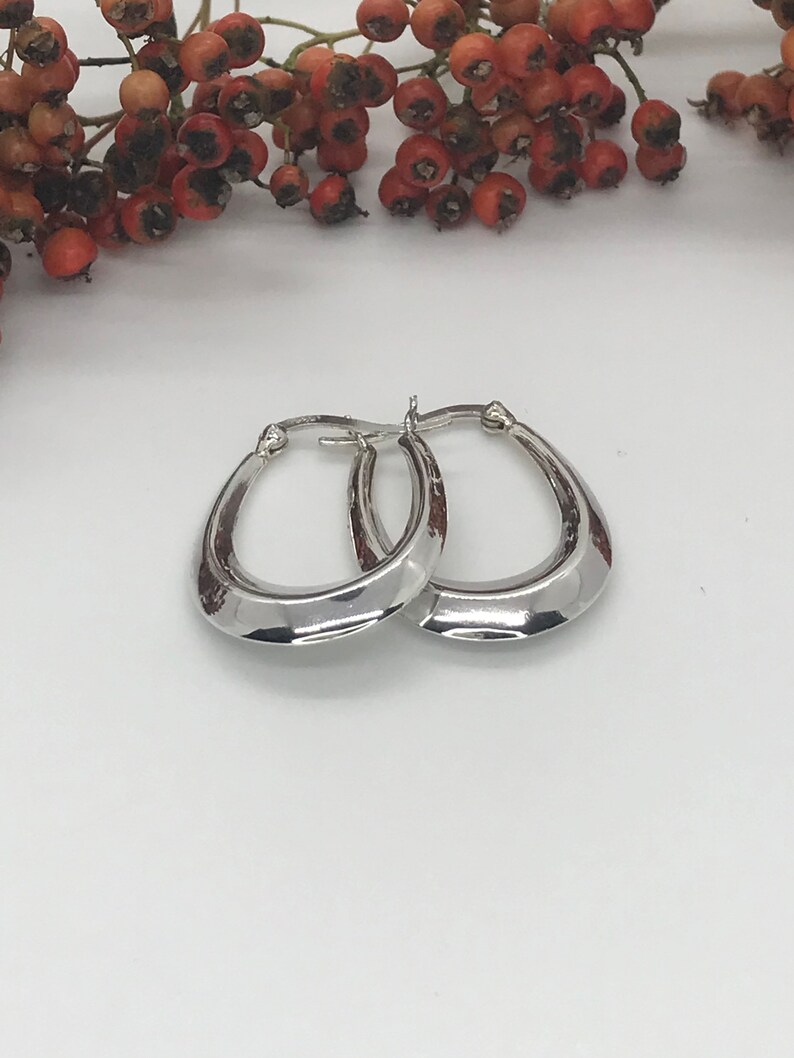 May include: A pair of silver hoop earrings with a slightly curved shape.