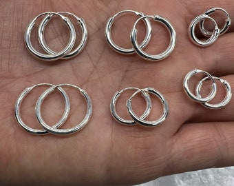 Round Silver Huggie Hoop Earrings / Circle Loop Earring Earrings/  Sleeper Hinged Hoop Earring / Hypoallergen / Gift For Her