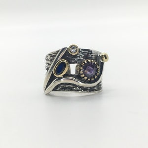 Oxidized Silver Ring with Faceted Natural Amethyst Zircon Garnet stones/ Women Ring / Women Gift / Christmas Gift / Special Gift / New in