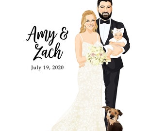 CUSTOM WEDDING ILLUSTRATION - Include your baby! - Wedding Portrait, Wedding Guest Book, Couple Illustration, Unique Guest Book Alternative
