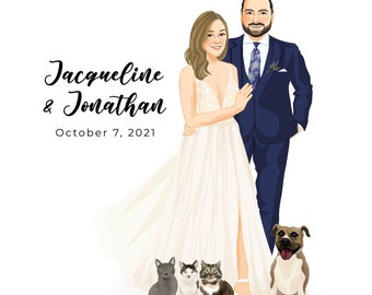 WEDDING ILLUSTRATION - Wedding Portrait, Include Pets in Wedding, Wedding Guest Book, Couple Illustration, Unique Guest Book Alternative