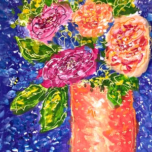 Roses Original Art, Still Life Abstract Floral Gouache Painting, Bright Multicolored Floral, Flowers, Impressionistic Gift 8x10