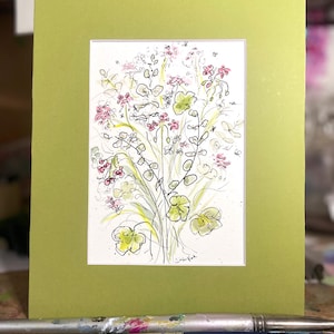 Geraniums Watercolor Illustration, Whimsical Ink, Line and Wash, Floral Wall Art, 7x10 Gift For Gardener