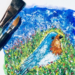 Original Painting of Blue Bird, Hand Painted Not A Print, Impressionist Impressionism, Living Room Decor Wall Art, 8x8 Birthday Gift For Mom