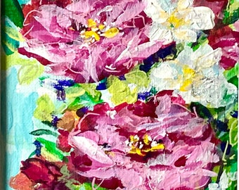 Spring Peonies Original Painting, Garden Flowers, Living Room Decor, 8x8 Matted Ready To Frame, Wall Art, Great Birthday Gift for Gardeners