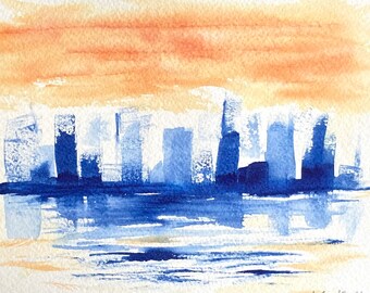 Dramatic Abstract Painting, Indigo Watercolor Painting, Sunrise Sunset, Original Mid Century, Contemporary Decor, 5x7 housewarming Gift