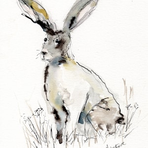 Ernest the Hare, Original Watercolor Ink Illustration Not A Print, Matted Ready To Frame, 11x14 Wall Art, Birthday Gift For Animal Lover