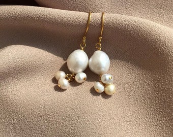 NEW! Natural Baroque Pearl Earrings, Big Fireball Pearl Gold Earrings, Dangle Real Freshwater Pearl Earrings, Bridal Jewelry, Special Gift