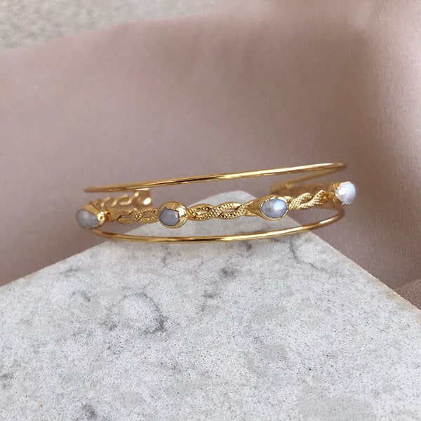 NEU ! Verdrehtes Vier Perlen Manschettenarmband, verstellbares dünnes Goldarmband, echte Perle Armband, Brautschmuck, Hochzeitsschmuck, Geschenk für Mutter