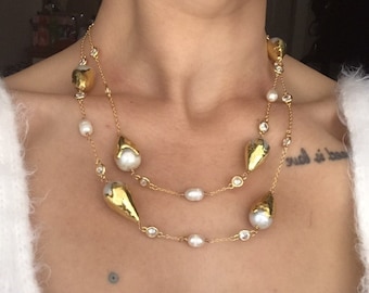 NEW ! Long Gold Baroque Pearl Necklace, Solitaire Chain Pearl Design Necklace, Gold Plated Baroque, Ice Cream Baroque, Wedding Jewelry