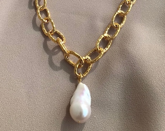 NEW! Large Chain Baroque Pearl Necklace, Baroque Pearl Design Chain Necklace, Vintage Chain Necklace, Mother's Gift, Christmas Gifts