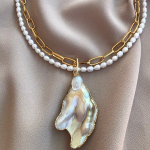 NEW ! Large Baroque Pearl Design Necklace, Pearl Chain Combination Necklace, Handmade Design Gold Necklaces, Wedding Jewelry, Mother's Gift