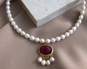 NEW ! Unique Ruby Stone Pearl Necklace, Natural Stone Pearl Design Necklace, Real Pearl Gold Necklace, Bridal Jewelry, Mother's Day, Daily