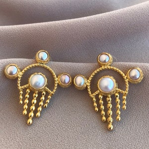 NEW ! Special Design Earrings with Four Pearls, Baroque Pearl Design Gold Earrings, Real Pearl Earrings, Gift for Mother, Wedding Jewelry