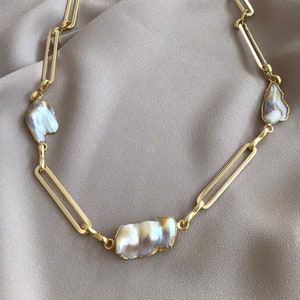 Baroque Pearl Paper Clip Chain Necklace: Handmade Gold Plated Bronze