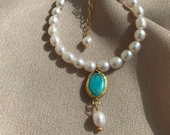 NEW ! Special Design Blue Turquoise Baroque Pearl Combination Bracelet, Natural Stone Bracelet, Stylish Turquoise Bracelet, Mother Day Gift