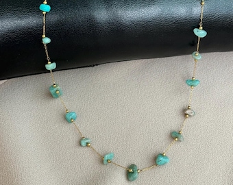 Handmade Aquamarine Steel Gold Chain Natural Stone Necklace