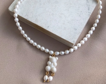 NEW ! Unique Pearl Necklace with Teddy Bear Design, Natural Pearl Design Necklace, Epoxy Pearl Necklace, Real Pearl Necklace, Bridal Jewelry