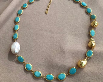 NEW ! Blue Turquoise Baroque Pearl Combination Necklace, Gold Baroque Natural Stone Necklace, Stylish Turquoise Choker, Mother&#39;s Day Gift
