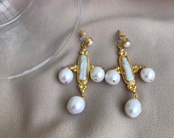 NEW ! Dangle Real Pearl Earrings, Special Design Bridal Earrings, Natural Baroque Pearl Earrings, Gold Earrings, Bridal Jewelry, Mothers Day