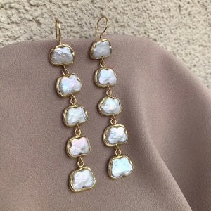 NEW Butterfly Pearl Design Earrings, Baroque Pearl Gold Earrings, Real Pearl Long Earrings, Bridal Earrings, Wedding Jewelry, Mother's Gift