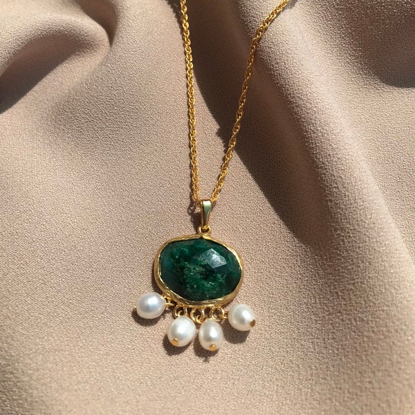 NEW ! Unique Emerald Design Necklace, Burmese Chain Natural Pearl Design Necklace, Real Pearl Gold Necklace, Bridal Jewelry, Daily Jewelry