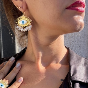 Freshwater Pearl Dangle Turkish Evil Eye Blue Eye Design Earrings