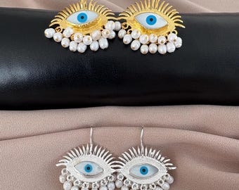 Freshwater Pearl Dangle Turkish Evil Eye Blue Eye Design Earrings