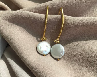 Money Pearl Gold Earrings, Real Baroque Pearl Long Earrings, Elegant Design Earrings, Wedding Jewelry, Christmas Gift, Valentine Day Gift