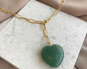 Genuine Green Jade Necklace, Gemstone Gold Chain Necklace, Heart Healing Jade Stone Necklace, Mother Day Gift, Special Day,Gift for Her