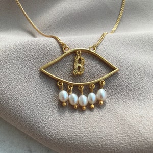 Collar de cadena de perlas con letra inicial, collar de ojo de perla real, joyería de perlas de diseño, regalo del Día de la Madre, joyería de boda, regalo para ella, especial